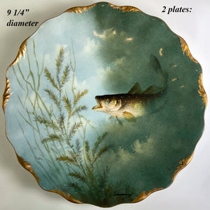 9pc Set Antique French Limoges Fish Plates, Artist Signed Sinamaud, Ovington Bros, NYC