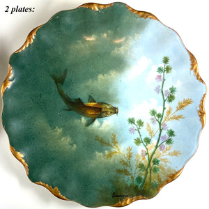 9pc Set Antique French Limoges Fish Plates, Artist Signed Sinamaud, Ovington Bros, NYC