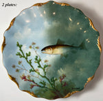 9pc Set Antique French Limoges Fish Plates, Artist Signed Sinamaud, Ovington Bros, NYC