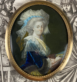 Stunning 18th c. Portrait Miniature, Signed by Artist, Beauty with Huge Lace Bonnet, Book