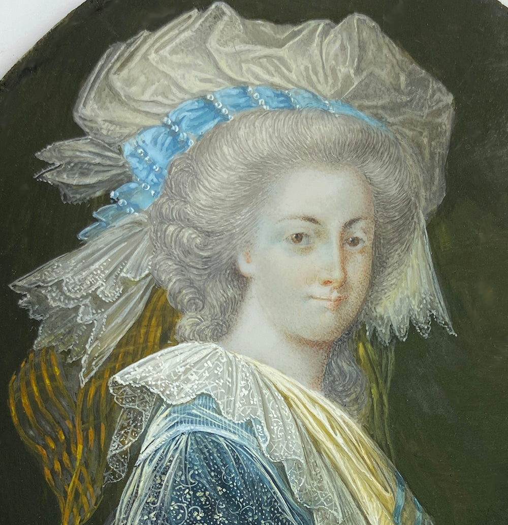 Stunning 18th c. Portrait Miniature, Signed by Artist, Beauty with Huge Lace Bonnet, Book