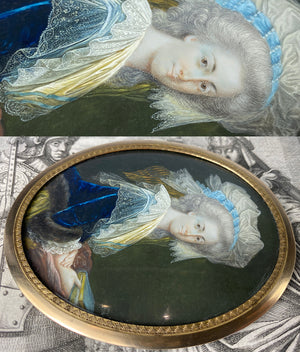 Stunning 18th c. Portrait Miniature, Signed by Artist, Beauty with Huge Lace Bonnet, Book