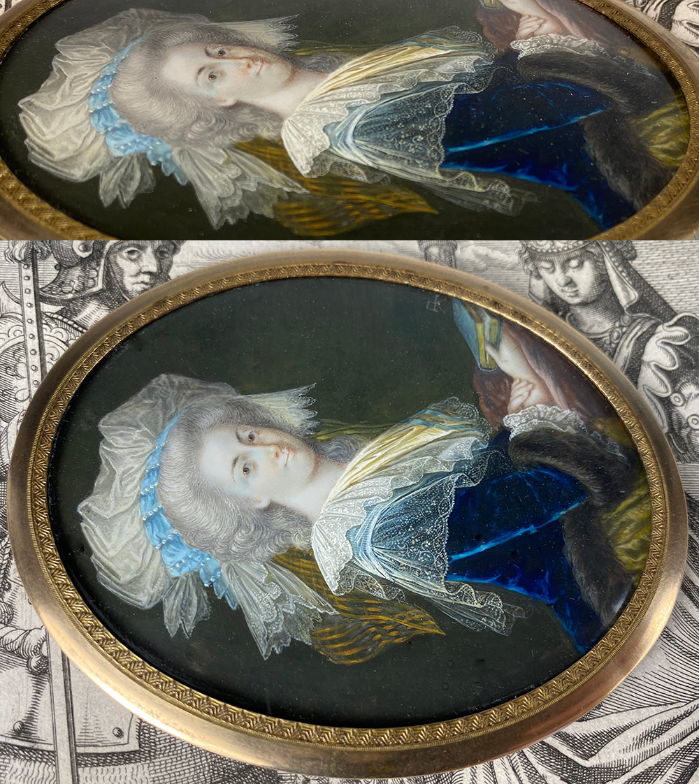 Stunning 18th c. Portrait Miniature, Signed by Artist, Beauty with Huge Lace Bonnet, Book