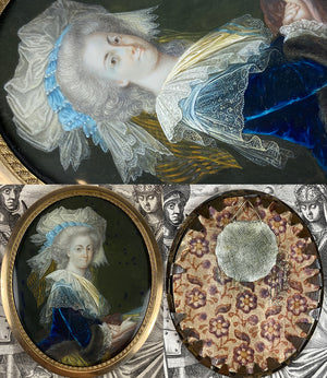 Stunning 18th c. Portrait Miniature, Signed by Artist, Beauty with Huge Lace Bonnet, Book