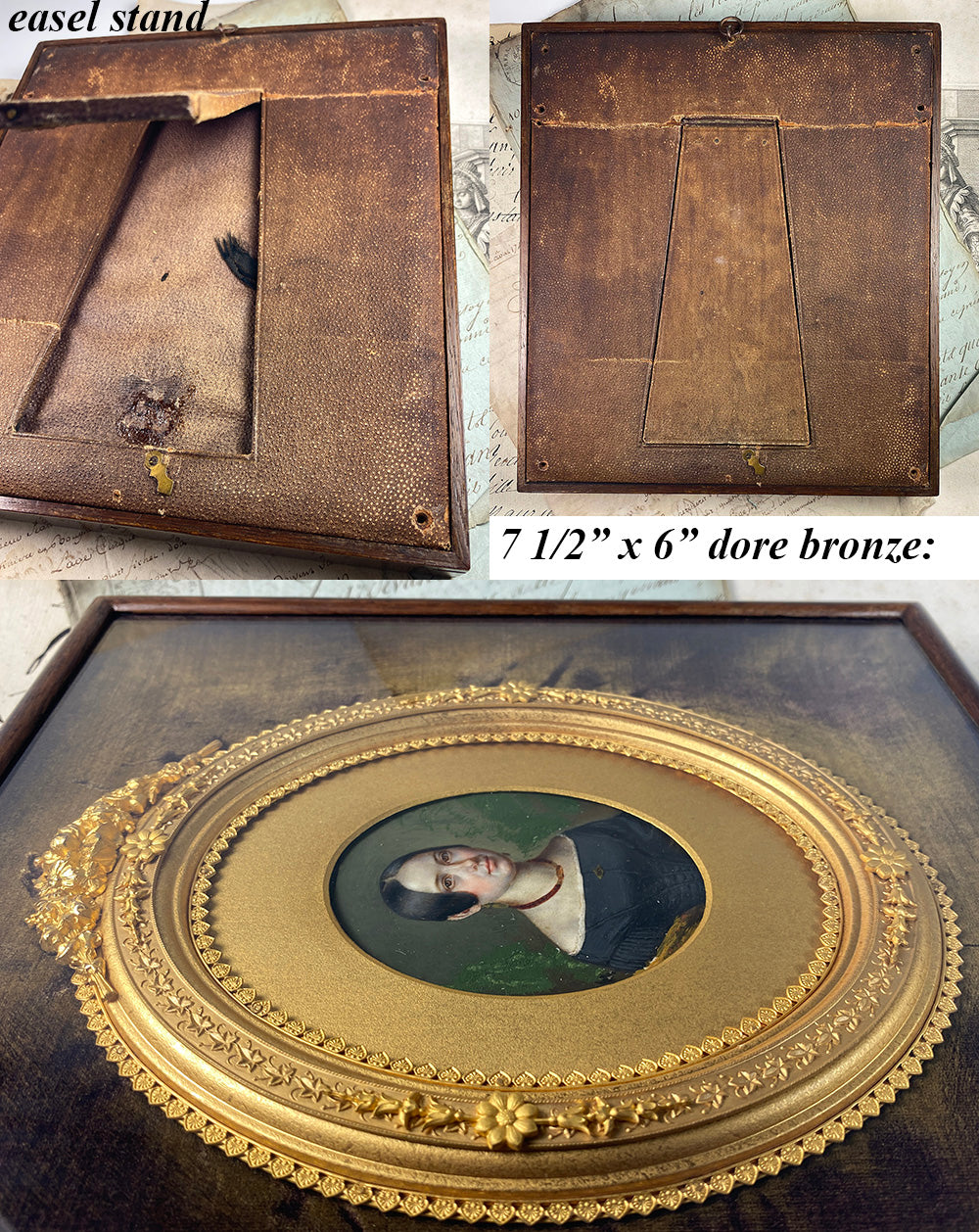 Antique French c.1830 Portrait Miniature, Elegant Dore Bronze and Wood Shadow Box Frame
