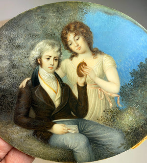 Large Antique Hand Painted Portrait Miniature of Lost Love or Mourning, Early 1800s