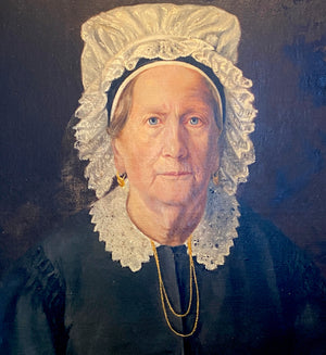 Superb Large Antique French Oil Painting on Canvas, Artist signed, c1886 Portrait of a Lady, Matron, Lace Bonnet