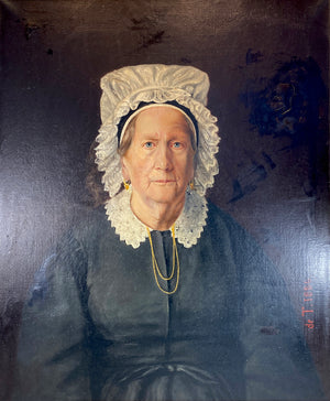 Superb Large Antique French Oil Painting on Canvas, Artist signed, c1886 Portrait of a Lady, Matron, Lace Bonnet