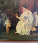 Charming French Empire Oil Painting, Woman w Her Begging Dog, Bedroom Interior, Lingerie