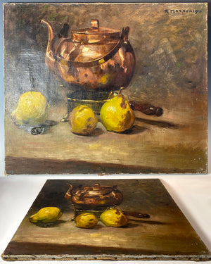 Antique French Oil Painting Still Life 21 3/4" x 18 1/4" on Stretcher, Signed, Restoration