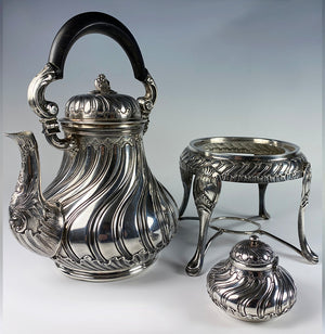 Superb Antique French Sterling Silver Duet Samovar, Kettle, Coffee Pot and Warmer Set