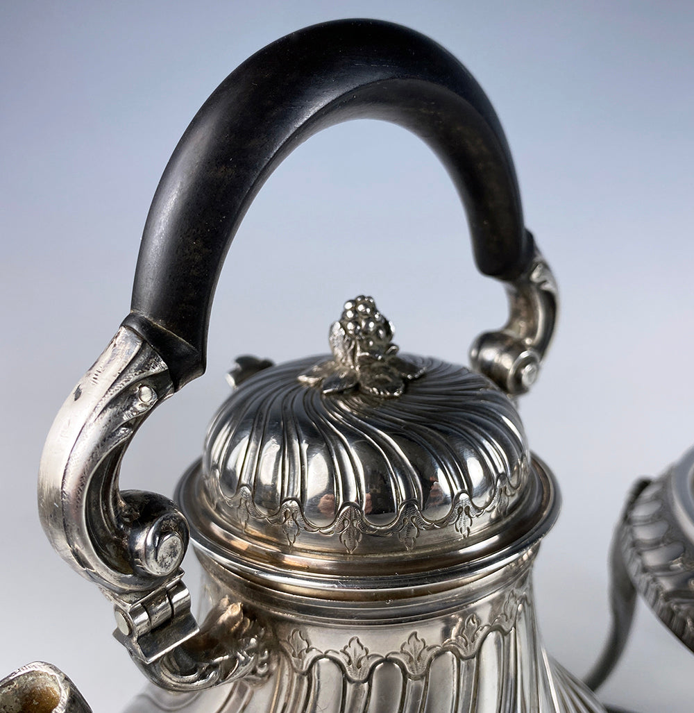 Superb Antique French Sterling Silver Duet Samovar, Kettle, Coffee Pot and Warmer Set