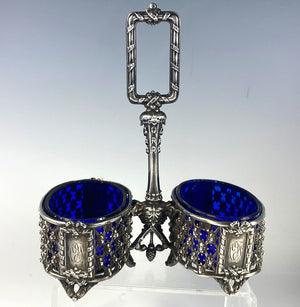 Antique French 3pc Condiment Service, French Sterling Silver Double Open Salts (2) and Mustard Pot