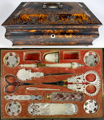 RARE c.1810 Antique French Palais Royal Sewing Box, Mother of Pearl 18k Tools, Rooster, Crochet Tambour