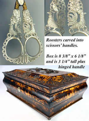RARE c.1810 Antique French Palais Royal Sewing Box, Mother of Pearl 18k Tools, Rooster, Crochet Tambour