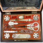 RARE c.1810 Antique French Palais Royal Sewing Box, Mother of Pearl 18k Tools, Rooster, Crochet Tambour