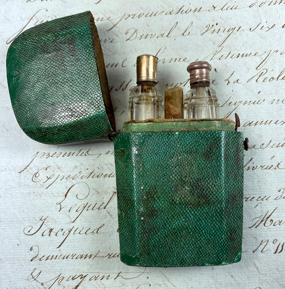 Antique 18th Century French Scent Caddy, Shagreen with 2 Perfume Bottles, 18k Cap