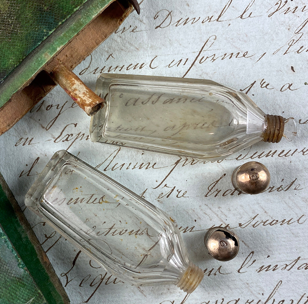 Antique 18th c. Georgian Era French Shagreen Scent or Perfume Etui, 2 Bottles, 2 18k Caps