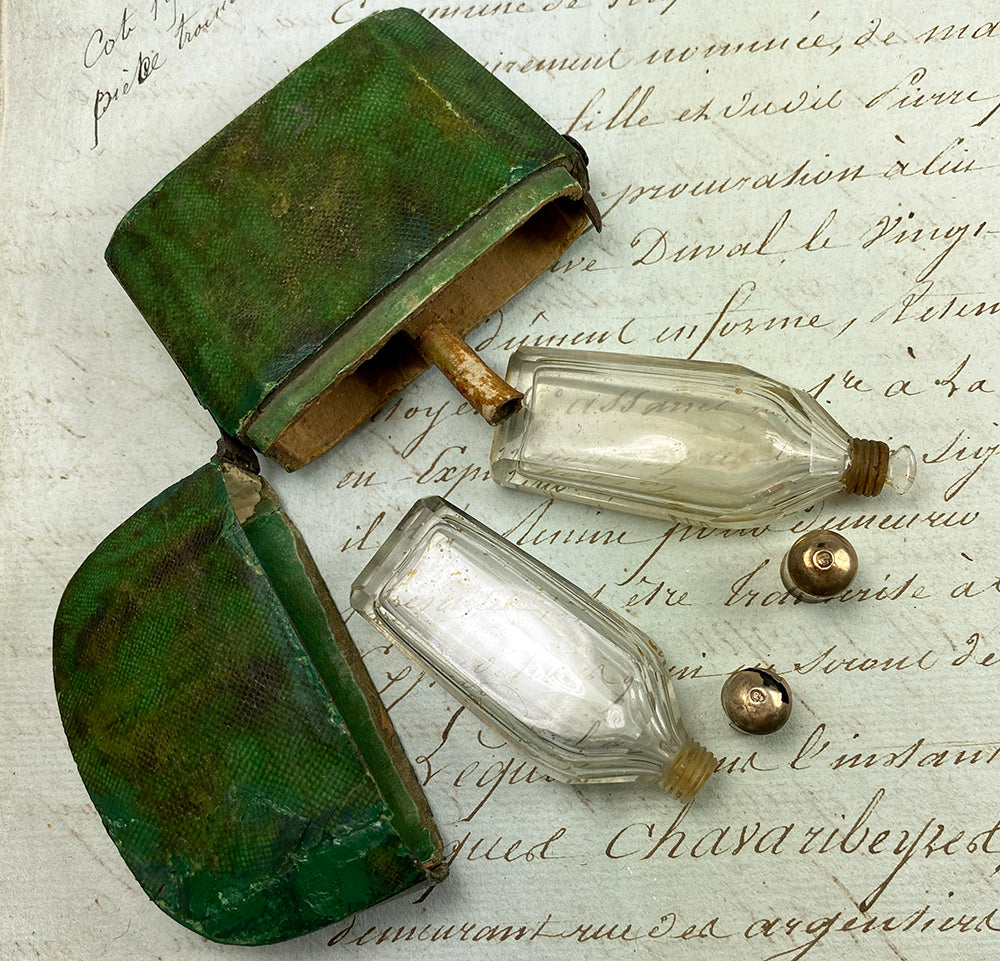 Antique 18th c. Georgian Era French Shagreen Scent or Perfume Etui, 2 Bottles, 2 18k Caps