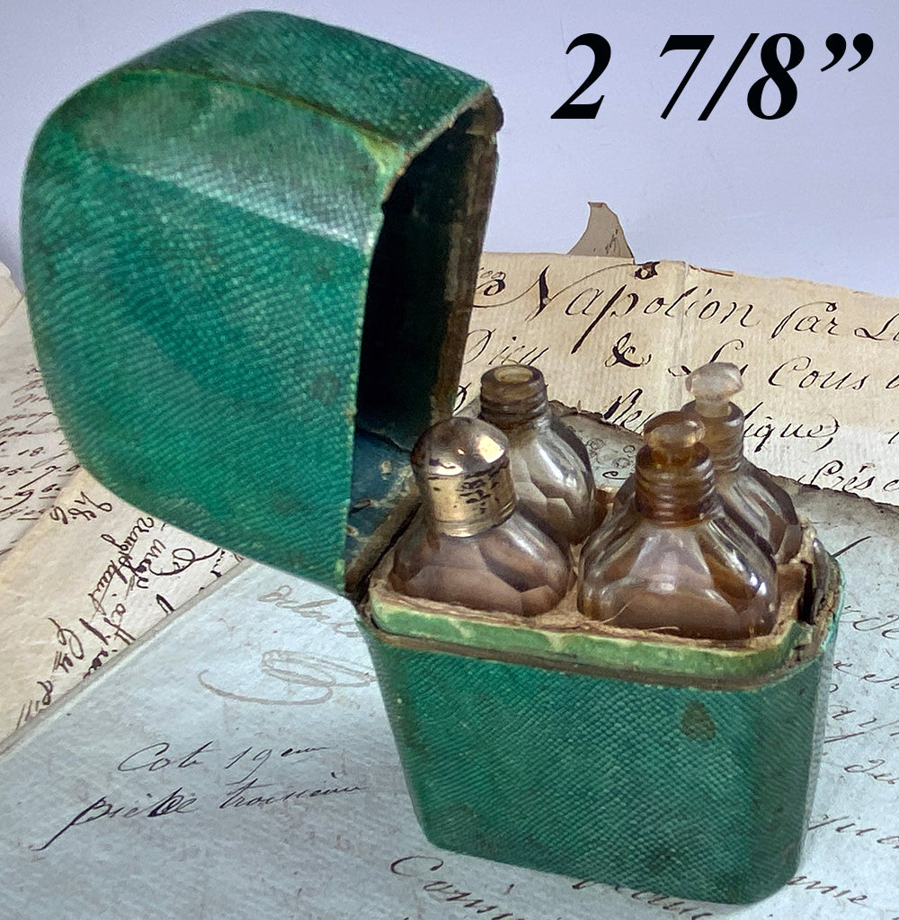 Antique 18th c. Georgian Era French Shagreen Scent or Perfume Etui, 4 Bottles, 18k Cap