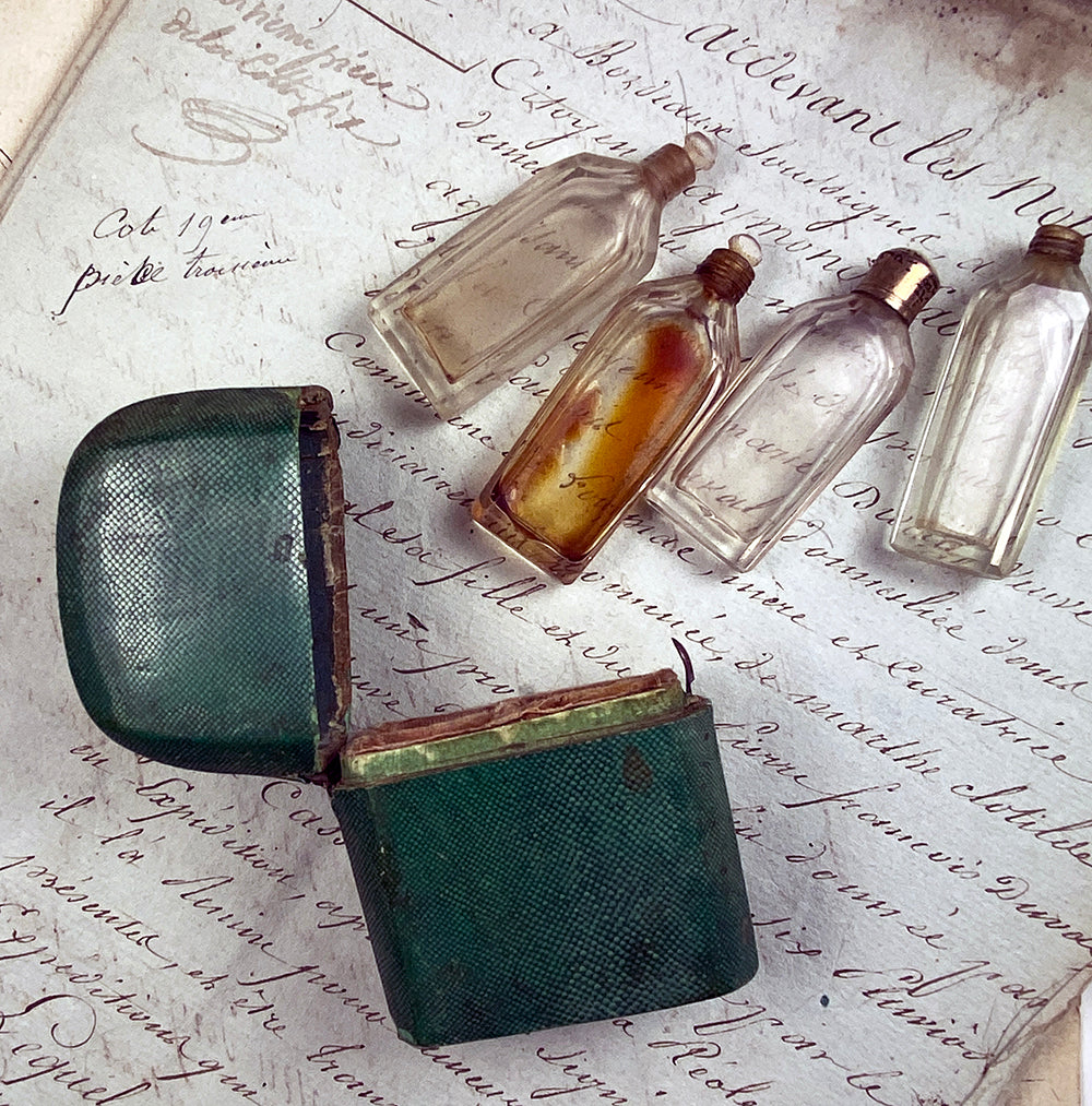 Antique 18th c. Georgian Era French Shagreen Scent or Perfume Etui, 4 Bottles, 18k Cap