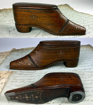 Antique Early to Mid-1800s 3" Hand Carved French Shoe or Boot Snuff Box, Pique, #1