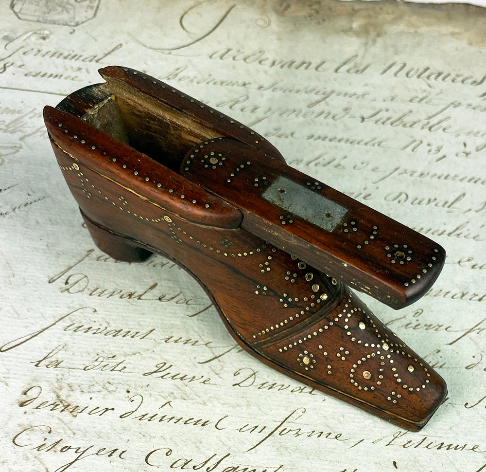 Antique Early to Mid-1800s 4 1/4" Hand Carved French Shoe or Boot Snuff Box, Pique #2