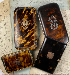 Fine Antique French Napoleon III Era Tortoise Shell and Silk Cigar Case, Spectacles Etui, Purse