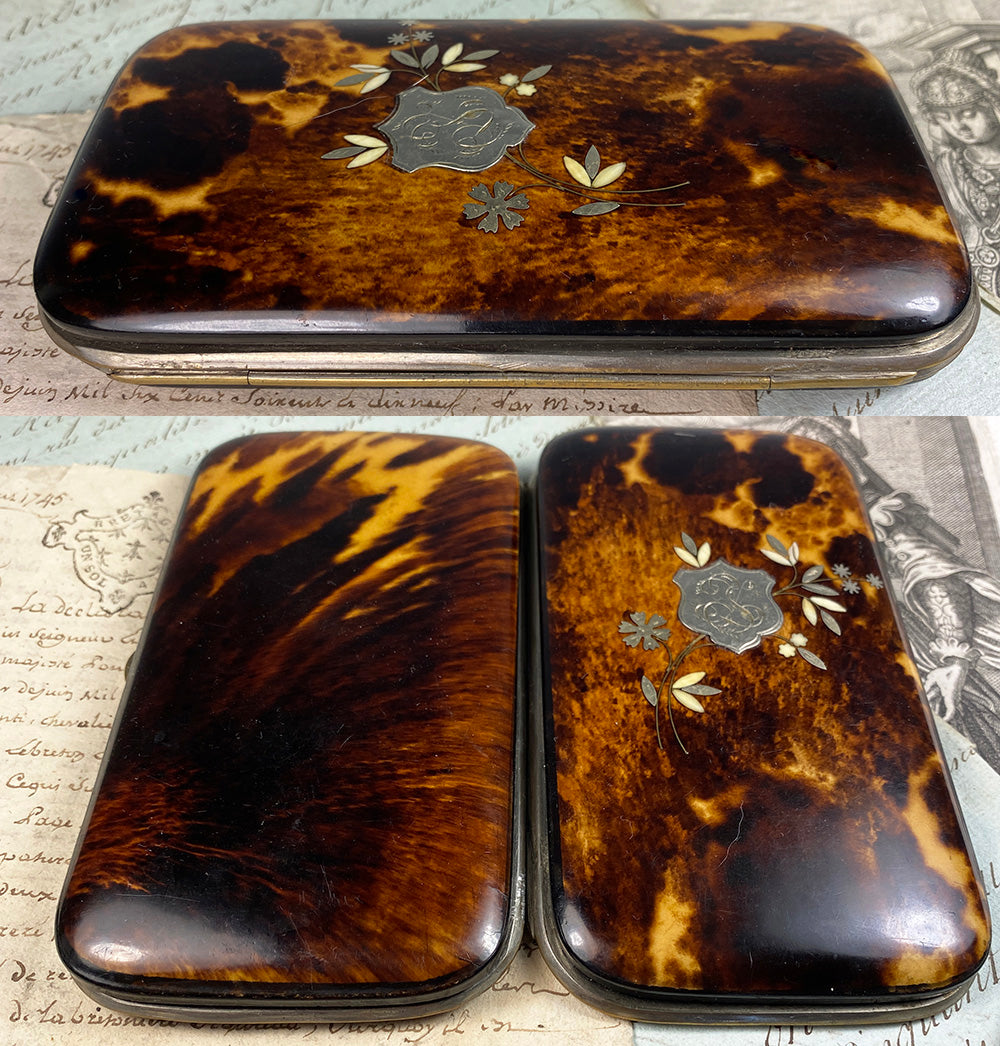 Fine Antique French Napoleon III Era Tortoise Shell and Silk Cigar Case, Spectacles Etui, Purse