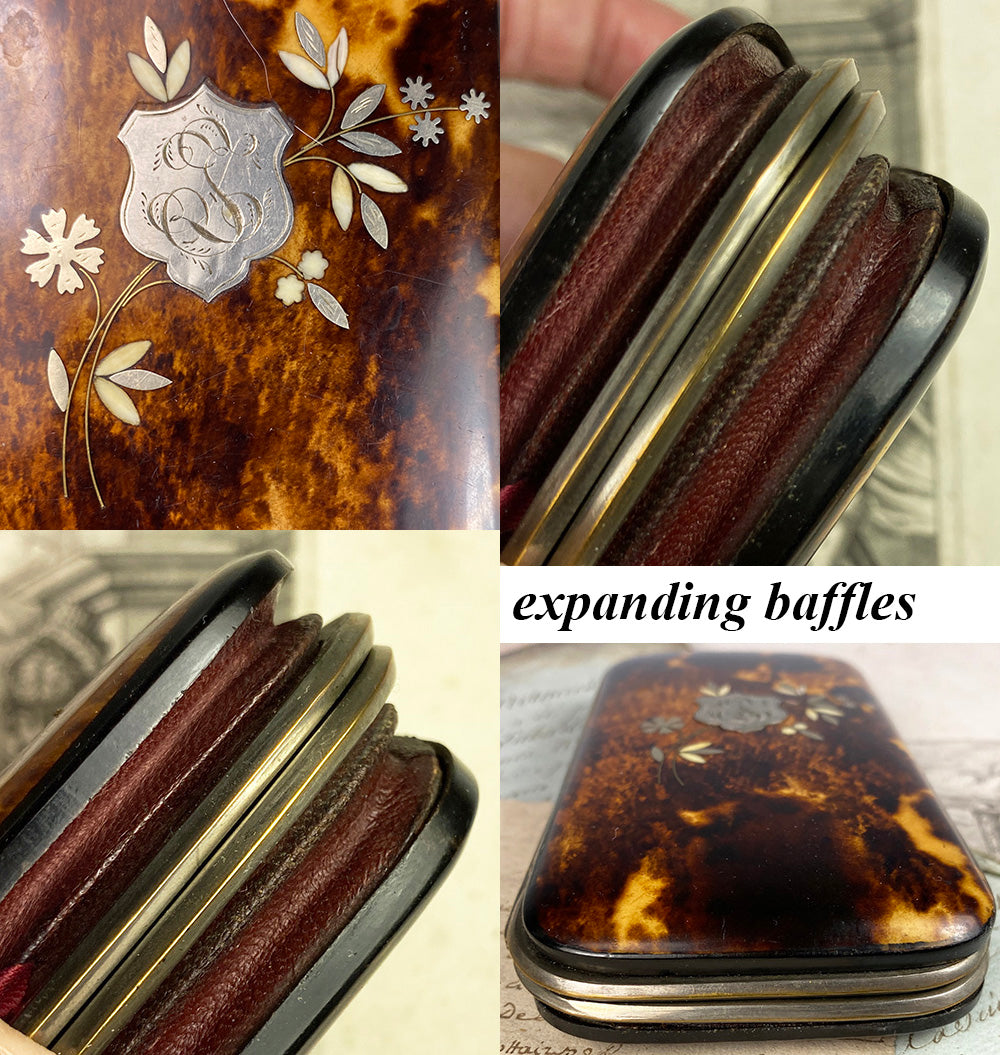 Fine Antique French Napoleon III Era Tortoise Shell and Silk Cigar Case, Spectacles Etui, Purse