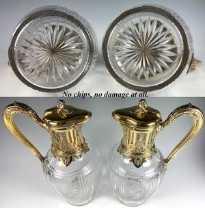 PAIR Superb Antique French Claret Jugs (2) Sterling Silver w 18k Gold Vermeil, Empire Aesthetic