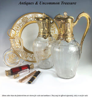 PAIR Superb Antique French Claret Jugs (2) Sterling Silver w 18k Gold Vermeil, Empire Aesthetic