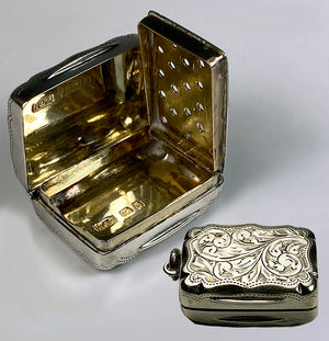 Antique English Victorian Sterling Silver Vinaigrette, Perfume or Scent Salts Box, Hallamrk c. 1857