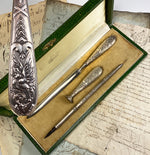 Antique French .800/1000 Almost Sterling Silver Writer's Set, Dip Pen, Seal, Letter Opener