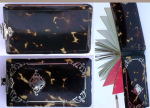 RARE 19th Century French Tortoise Shell Pique Note Book, Necessaire, Aide d' Memoire with Pencil - Tortoiseshell