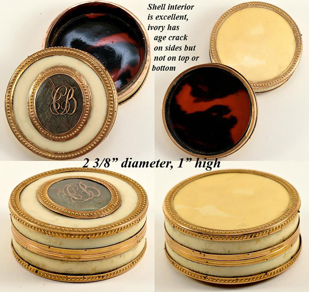 c.1750s 18K Gold Antique French Snuff Box, Hair Mourning, - Ivory and 18K to 24K yellow gold (tested)