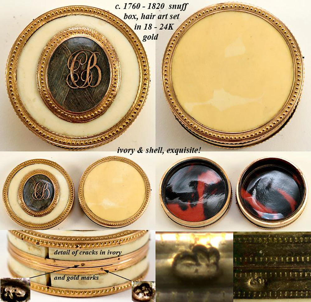 c.1750s 18K Gold Antique French Snuff Box, Hair Mourning, - Ivory and 18K to 24K yellow gold (tested)