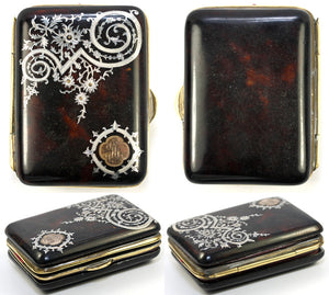 Superb Antique French Etui, Set of 2: Tortoise Shell Pique Aide d' Memoire and Coin Purse