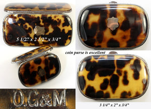 Boxed set: 2 Piece Set: Antique French Tortoise Shell Cigar Case & Coin Purse, Opulent and Elaborately Worked in Pique