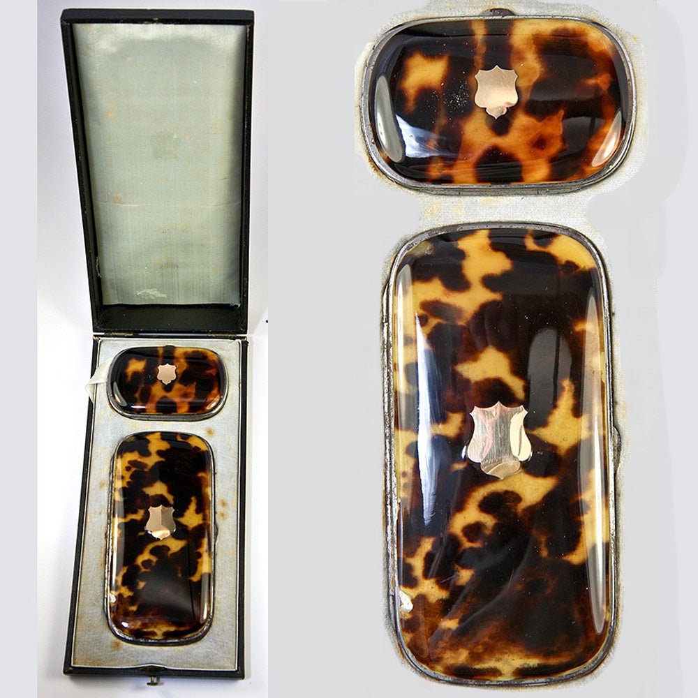 Boxed set: 2 Piece Set: Antique French Tortoise Shell Cigar Case & Coin Purse, Opulent and Elaborately Worked in Pique