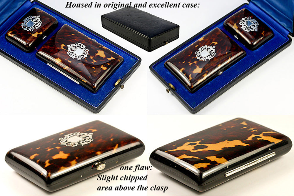 Boxed set: 2 Piece Set: Antique French Tortoise Shell Necessaire & Coin Purse, Opulent and Elaborately Worked in Pique