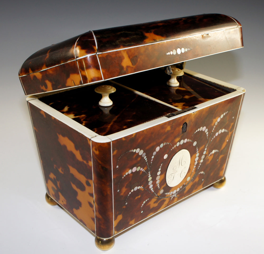 Magnificent Antique Tortoise Shell Inlay Tea Caddy, Double Well - Engl ...