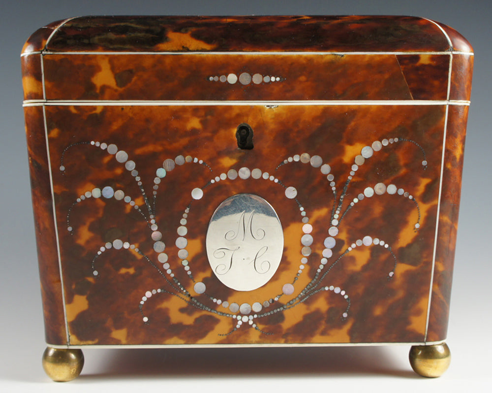 Magnificent Antique Tortoise Shell Inlay Tea Caddy, Double Well - Engl ...