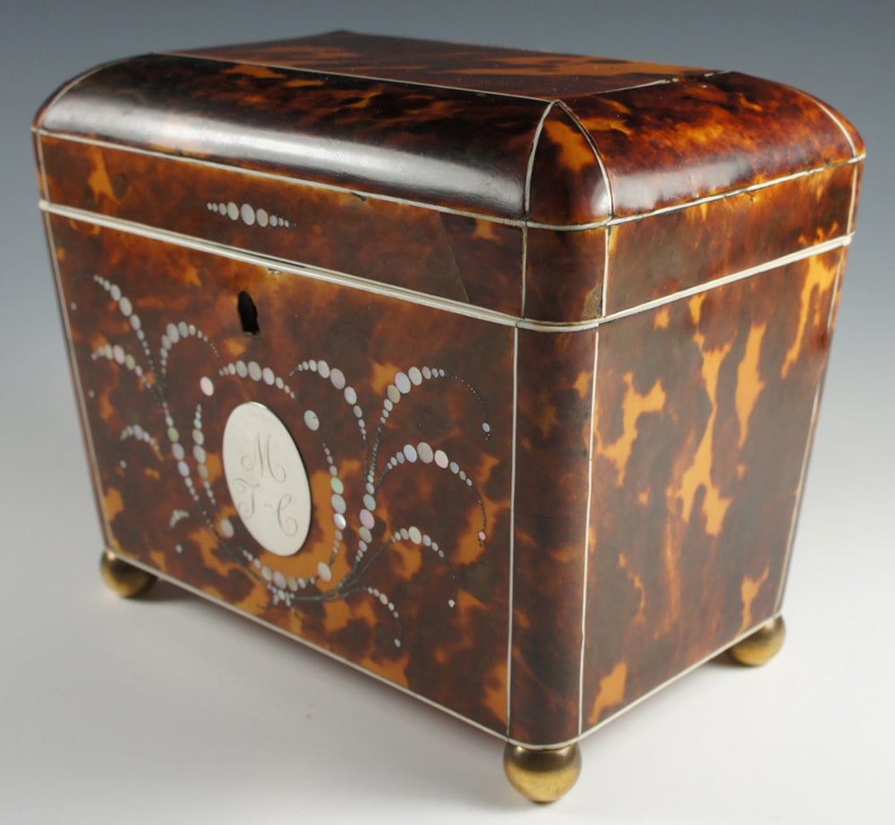 Magnificent Antique Tortoise Shell Inlay Tea Caddy, Double Well - English Victorian Tortoiseshell