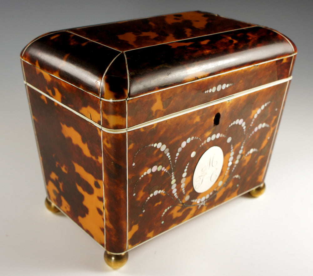 Magnificent Antique Tortoise Shell Inlay Tea Caddy, Double Well - Engl ...