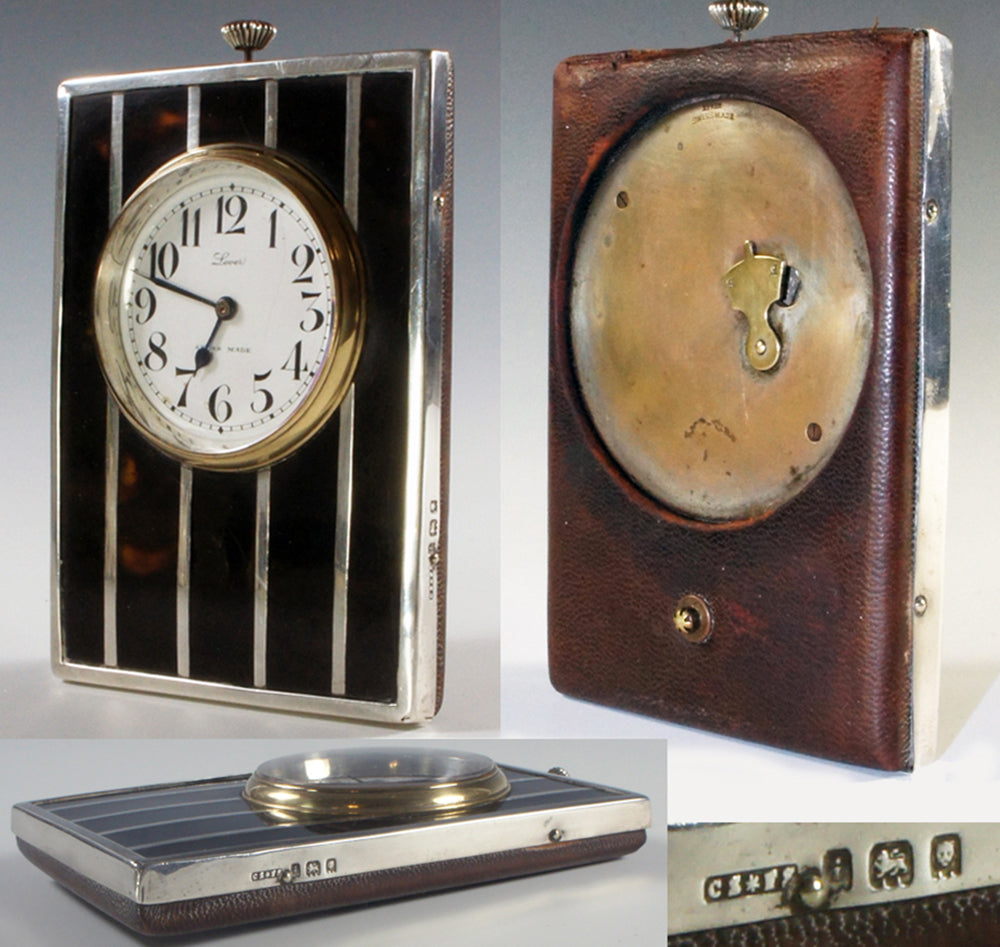 Fine c.1904 English Sterling & Tortoise Shell Travel Clock, Watch - Swiss - Running and keeping excellent time