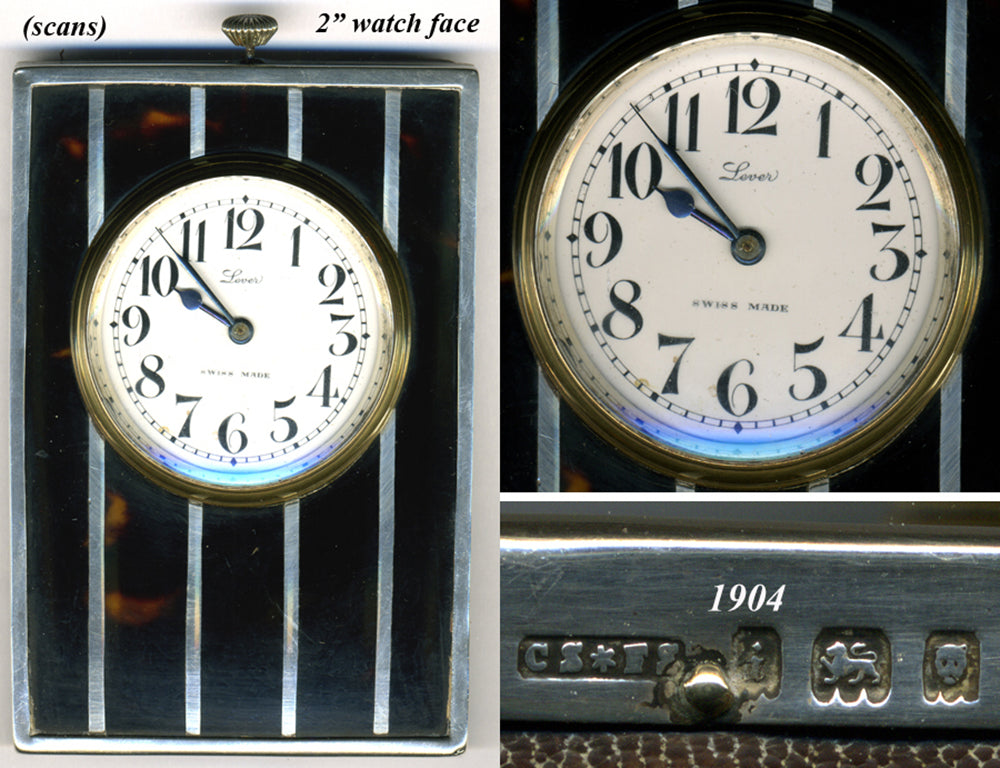 Fine c.1904 English Sterling & Tortoise Shell Travel Clock, Watch - Swiss - Running and keeping excellent time