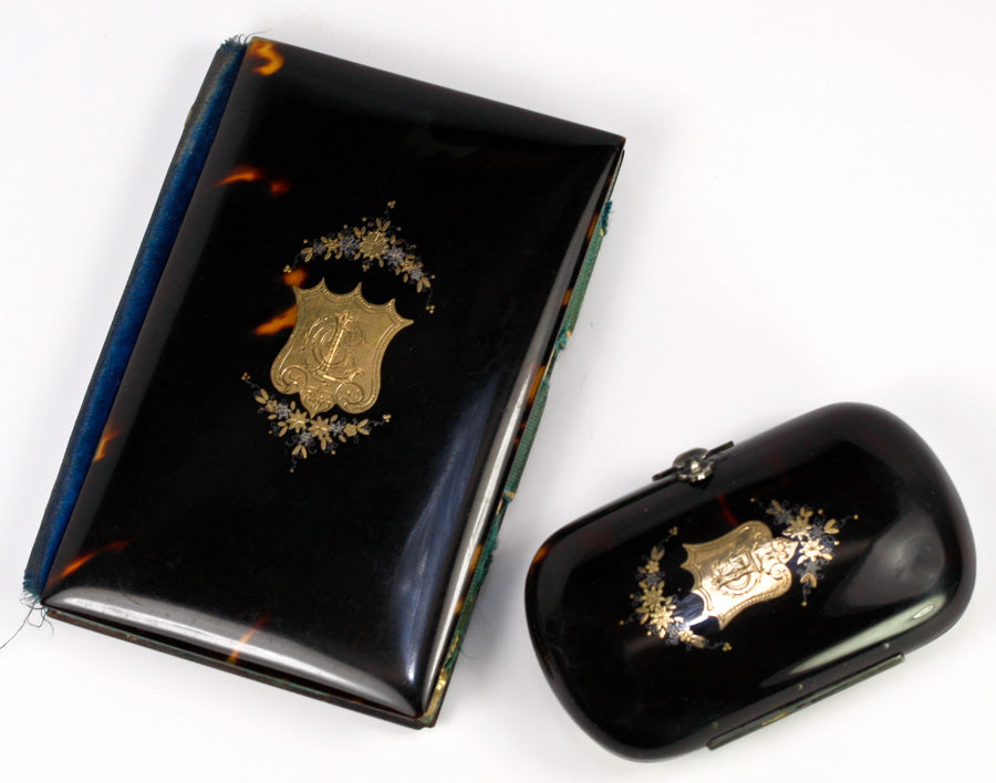 Superb Antique French Tortoise Shell Card Case, Necessaire & Coin Purse in Original Presentation Case - Gold Pen