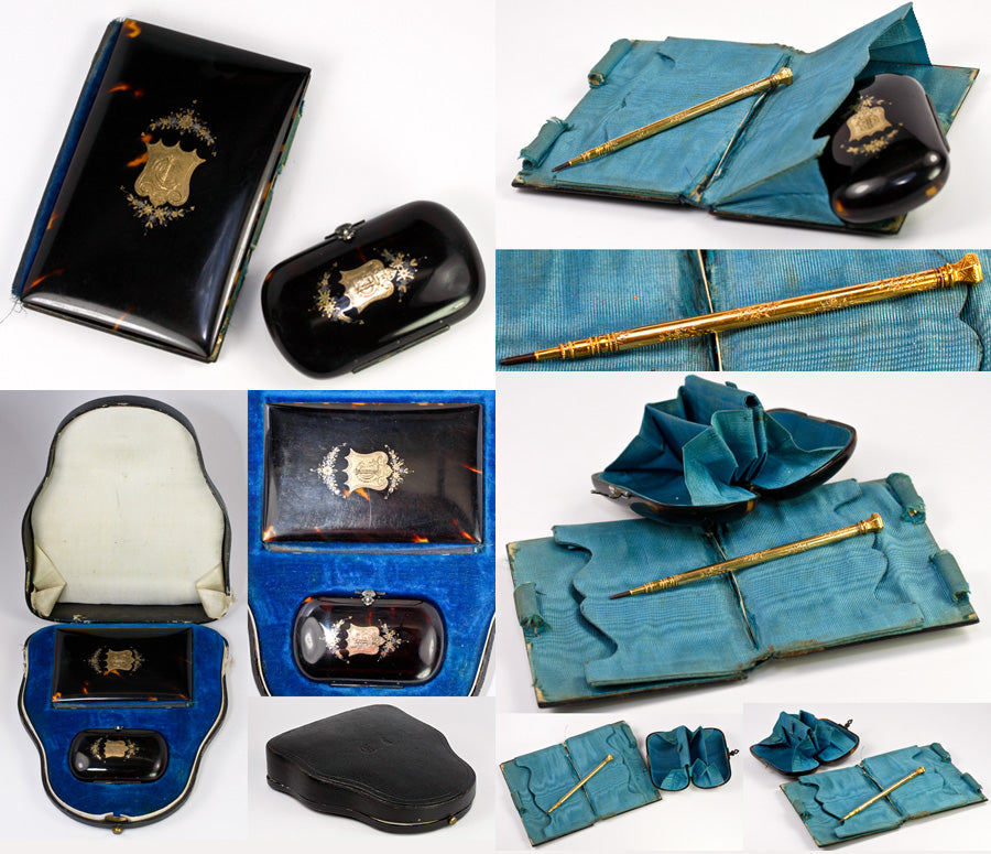 Superb Antique French Tortoise Shell Card Case, Necessaire & Coin Purse in Original Presentation Case - Gold Pen