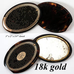 Antique French Purse Mirror, 18k Gold Pique, Cartouche, Tortoise Shell Case, Etui, Compact